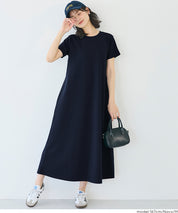 【壓紋機能】短袖休閒A字連衣長裙