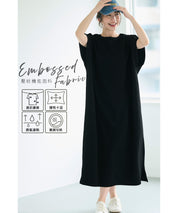 Embossed boat neck short sleeve dress quick drying dryer safe 