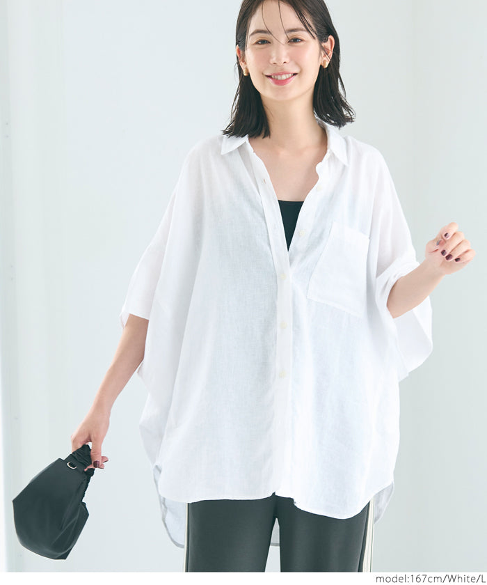 亞麻寬鬆半袖襯衫