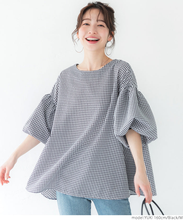 Plaid puff short-sleeved loose top