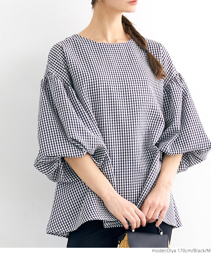 Plaid puff short-sleeved loose top