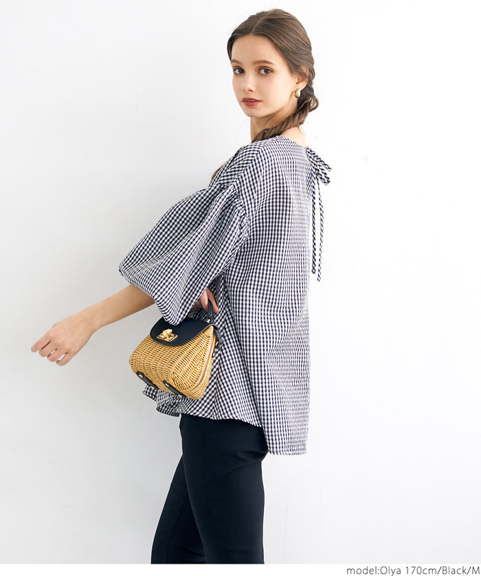 Plaid puff short-sleeved loose top