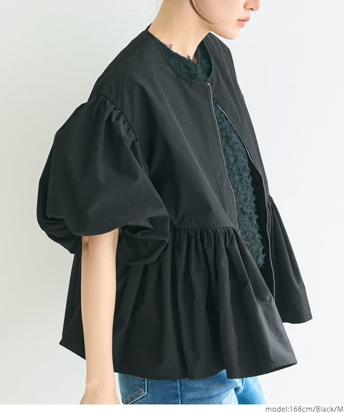 日系澎袖無領娃娃外套