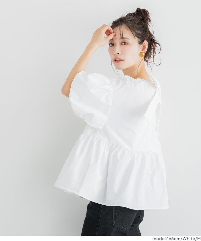 日系後蝴蝶結澎感短袖娃娃上衣