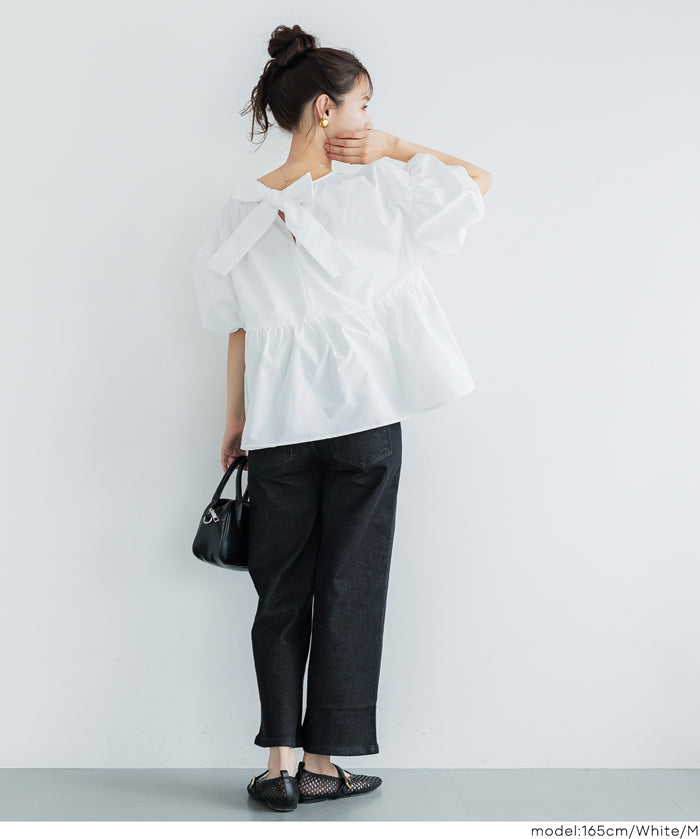 日系後蝴蝶結澎感短袖娃娃上衣