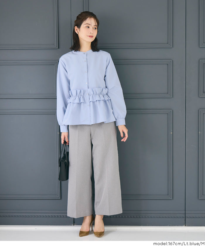 日系圓領荷葉邊裝飾長袖襯衫  通勤
