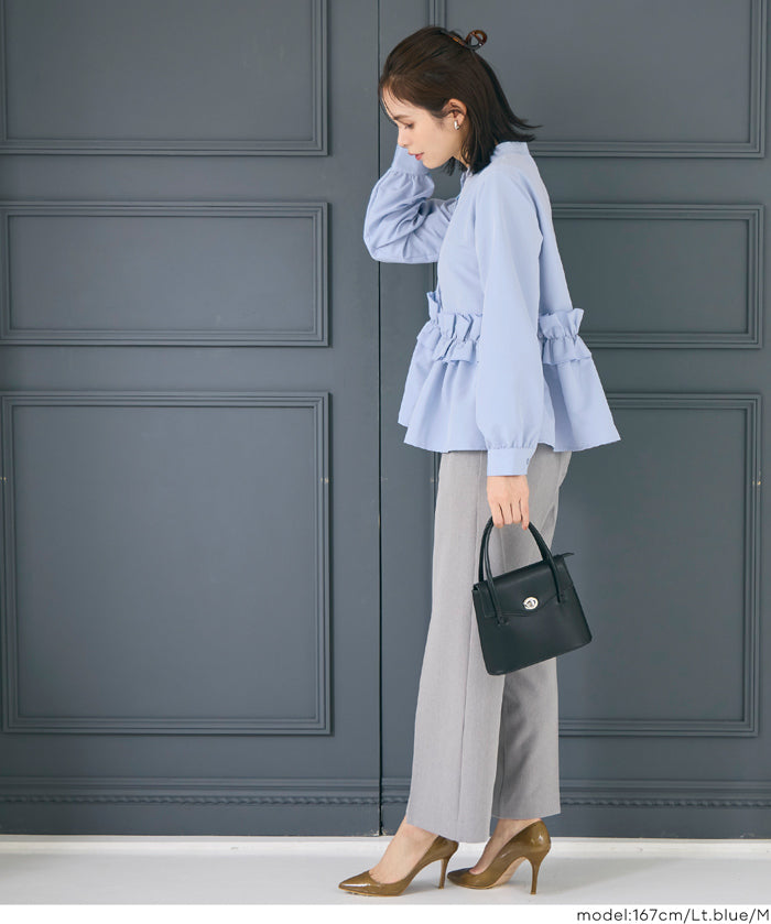 日系圓領荷葉邊裝飾長袖襯衫  通勤
