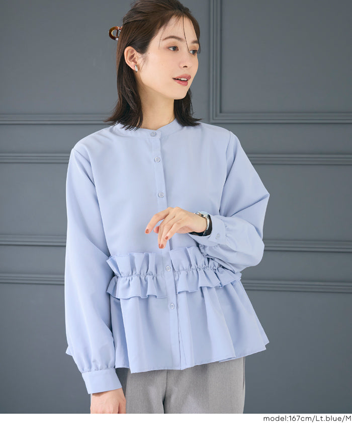 日系圓領荷葉邊裝飾長袖襯衫  通勤