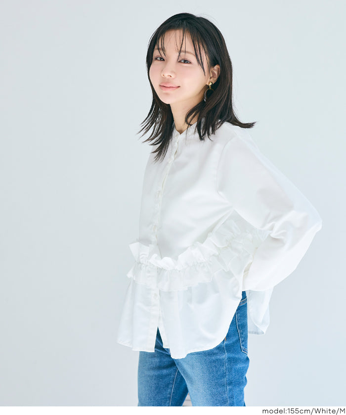 日系圓領荷葉邊裝飾長袖襯衫  通勤