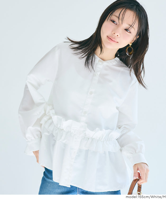 日系圓領荷葉邊裝飾長袖襯衫  通勤