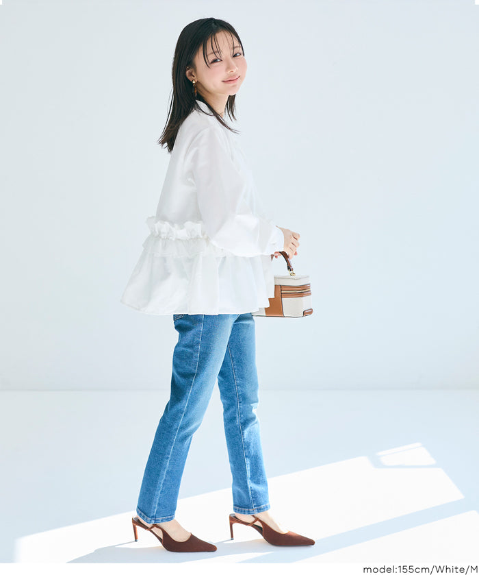 日系圓領荷葉邊裝飾長袖襯衫  通勤