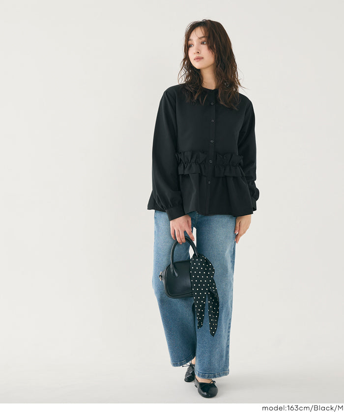 日系圓領荷葉邊裝飾長袖襯衫  通勤