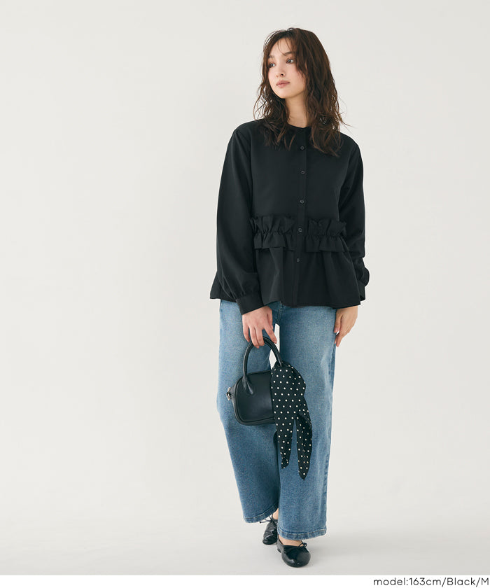 日系圓領荷葉邊裝飾長袖襯衫  通勤