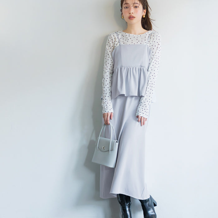 假兩件後綁帶荷花下擺細肩帶連身裙