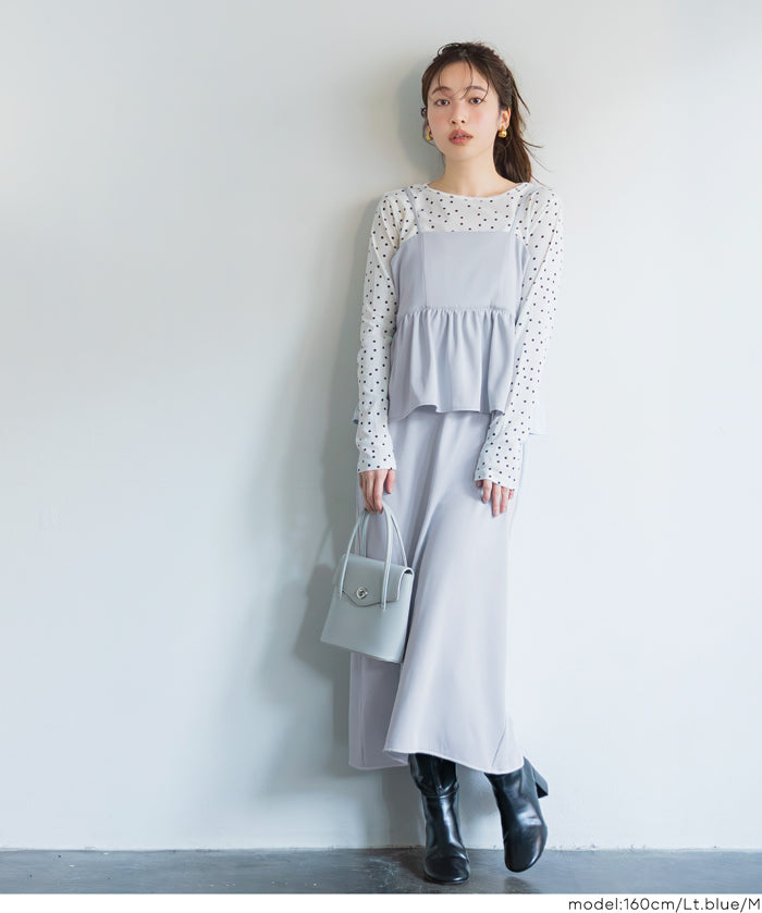 假兩件後綁帶荷花下擺細肩帶連身裙