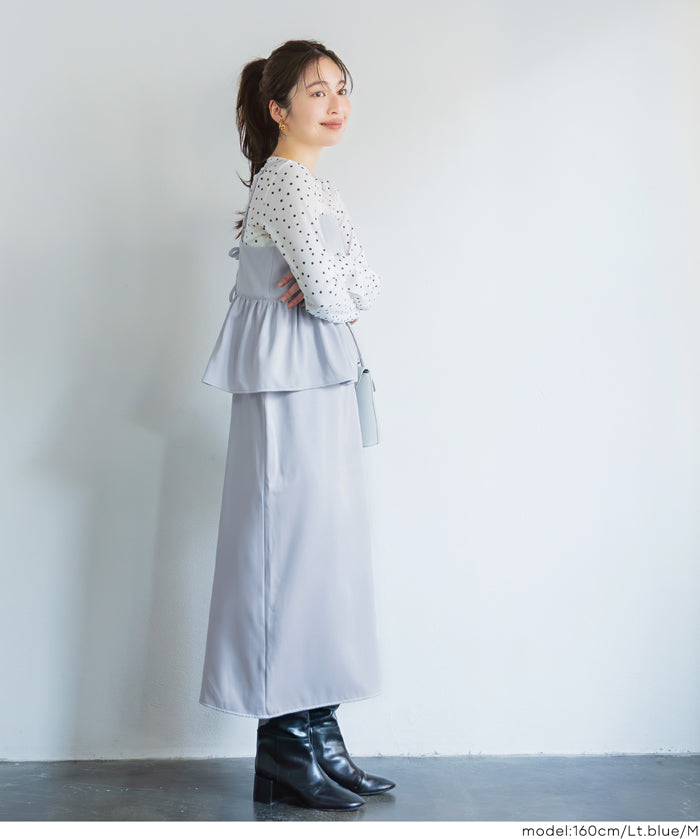 假兩件後綁帶荷花下擺細肩帶連身裙