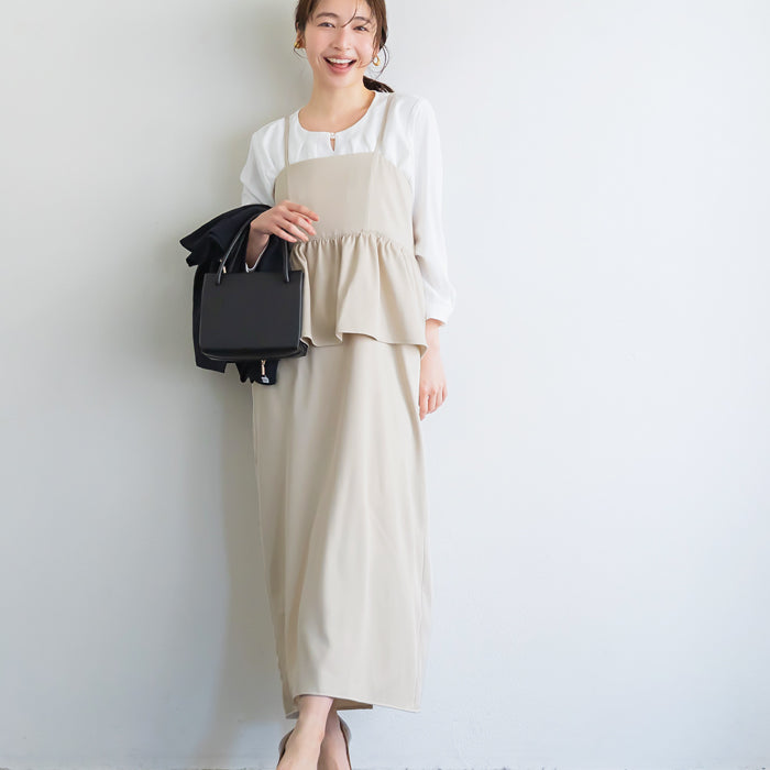 假兩件後綁帶荷花下擺細肩帶連身裙