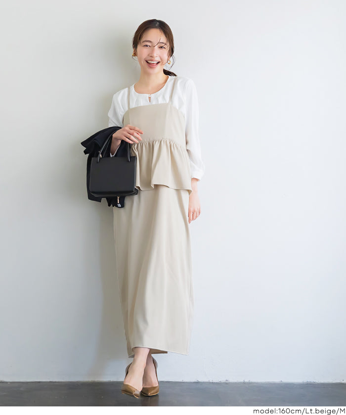 假兩件後綁帶荷花下擺細肩帶連身裙