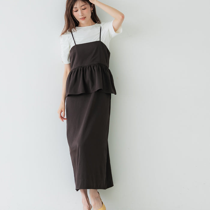 假兩件後綁帶荷花下擺細肩帶連身裙