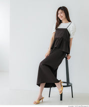 假兩件後綁帶荷花下擺細肩帶連身裙