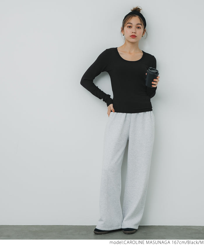 U-neck long sleeve ribbed T-shirt