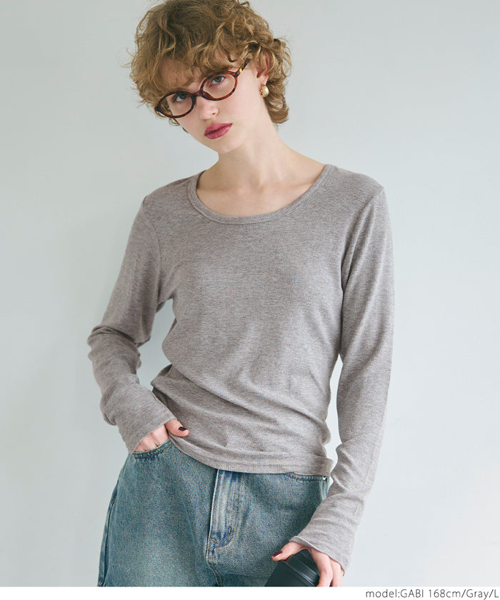 U-neck long sleeve ribbed T-shirt