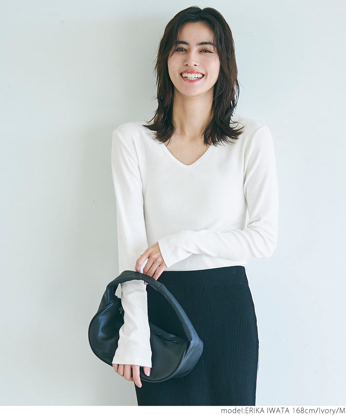 Versatile ribbed elastic V-neck long-sleeved top 