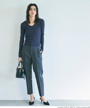 Versatile ribbed elastic V-neck long-sleeved top 
