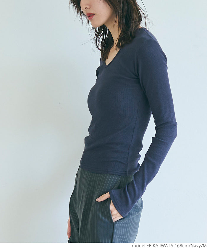 Versatile ribbed elastic V-neck long-sleeved top 