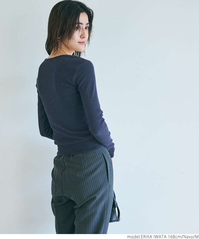 Versatile ribbed elastic V-neck long-sleeved top 