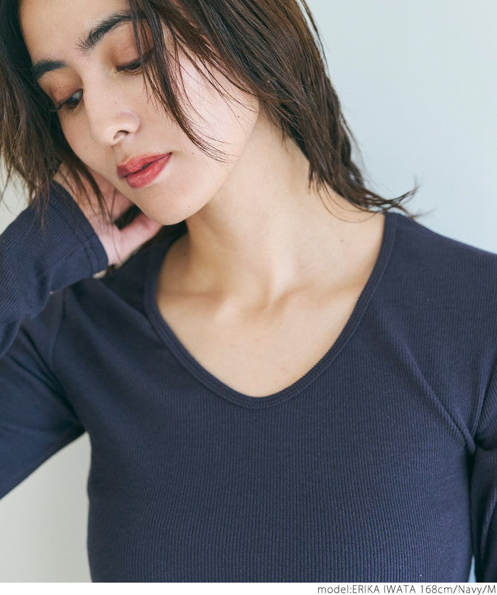 Versatile ribbed elastic V-neck long-sleeved top 