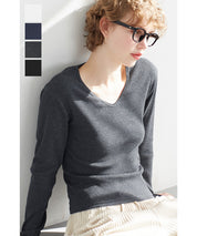 Versatile ribbed elastic V-neck long-sleeved top 
