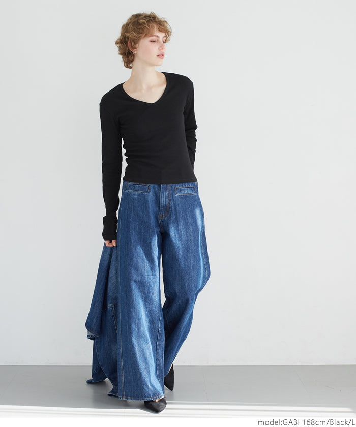 Versatile ribbed elastic V-neck long-sleeved top 