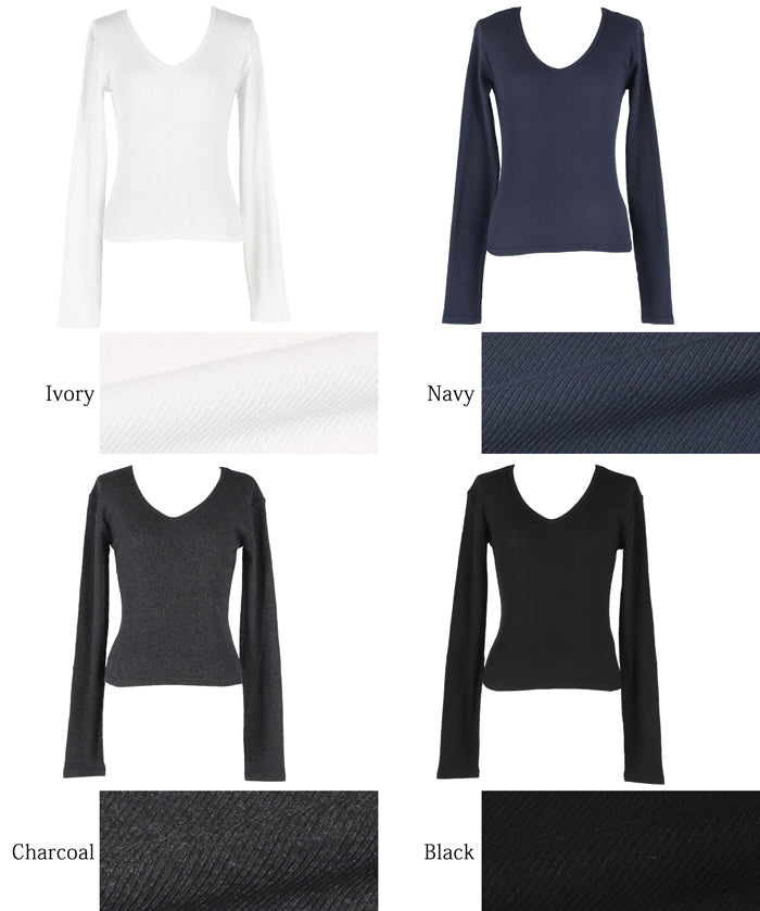 Versatile ribbed elastic V-neck long-sleeved top 