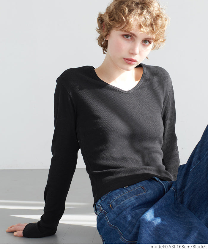 Versatile ribbed elastic V-neck long-sleeved top 