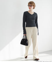 Versatile ribbed elastic V-neck long-sleeved top 
