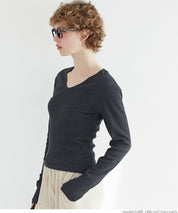 Versatile ribbed elastic V-neck long-sleeved top 