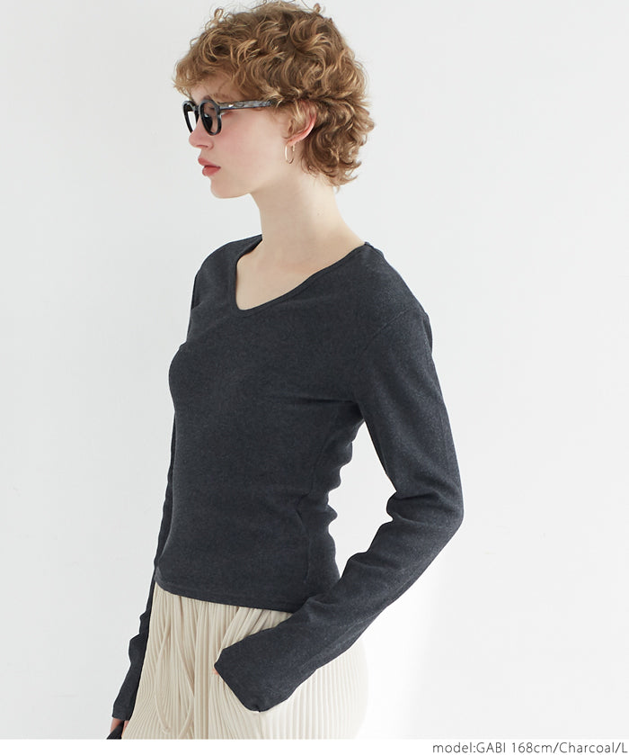 Versatile ribbed elastic V-neck long-sleeved top 
