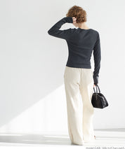 Versatile ribbed elastic V-neck long-sleeved top 