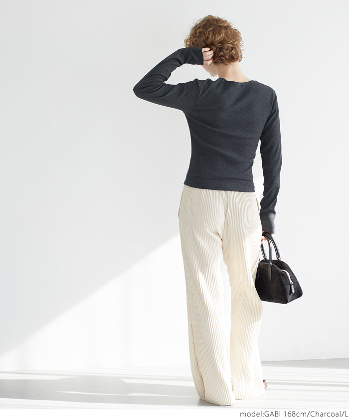 Versatile ribbed elastic V-neck long-sleeved top 