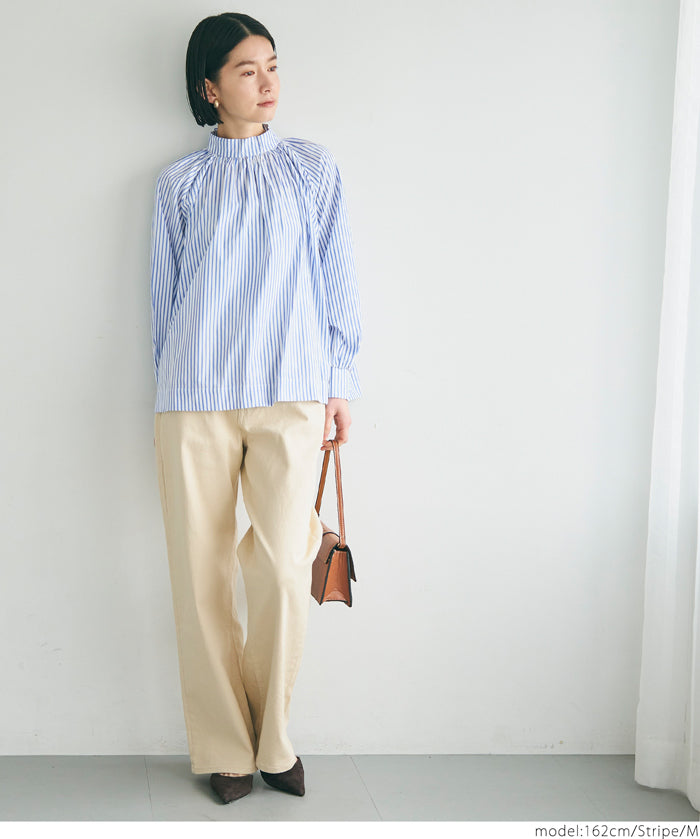 Stand collar puff sleeves long sleeve shirt 