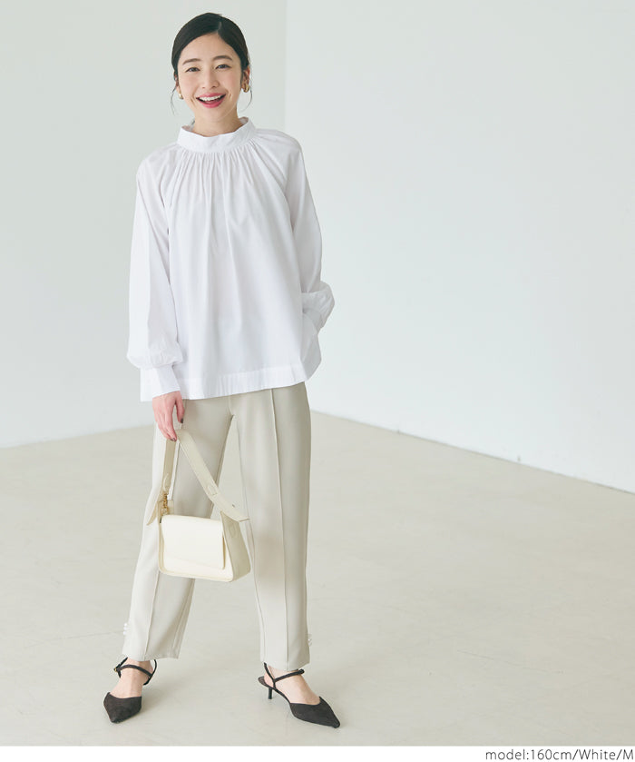 Stand collar puff sleeves long sleeve shirt 