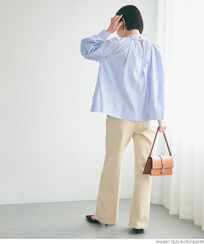 Stand collar puff sleeves long sleeve shirt 