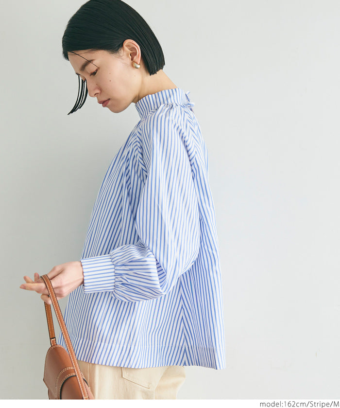 Stand collar puff sleeves long sleeve shirt 