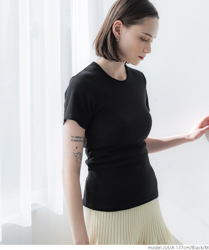 Threaded elastic cotton blend round neck short sleeves 