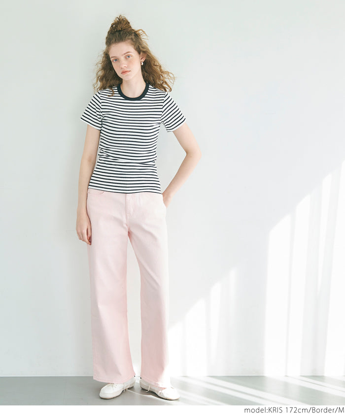 Threaded elastic cotton blend round neck short sleeves 