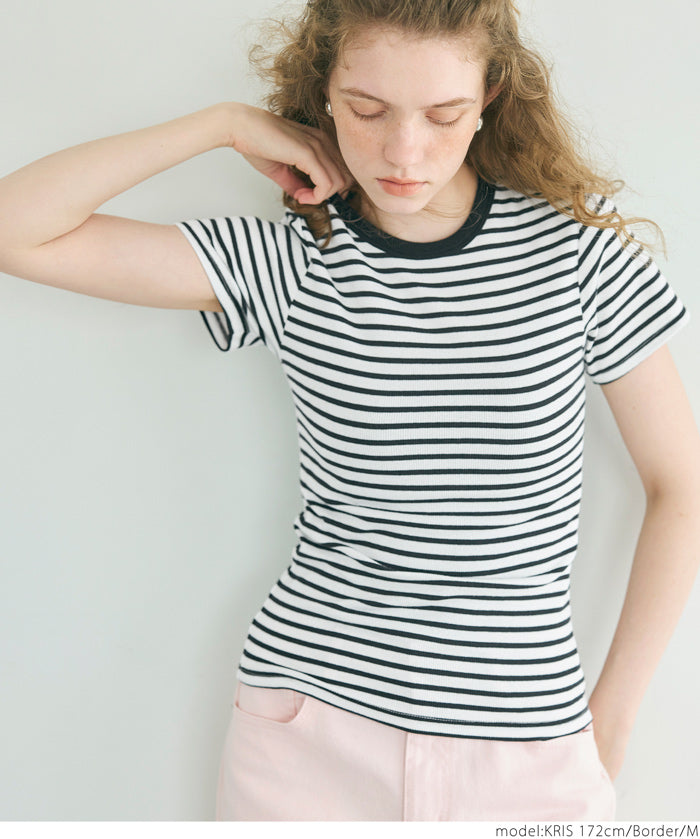 Threaded elastic cotton blend round neck short sleeves 