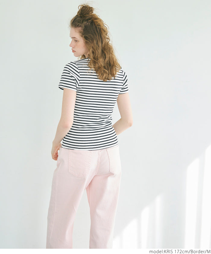 Threaded elastic cotton blend round neck short sleeves 