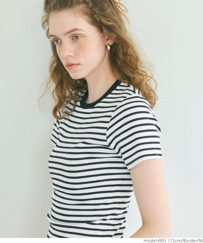 Threaded elastic cotton blend round neck short sleeves 