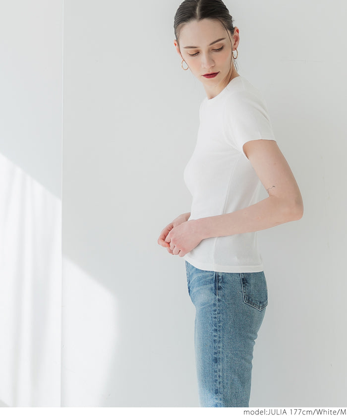 Threaded elastic cotton blend round neck short sleeves 